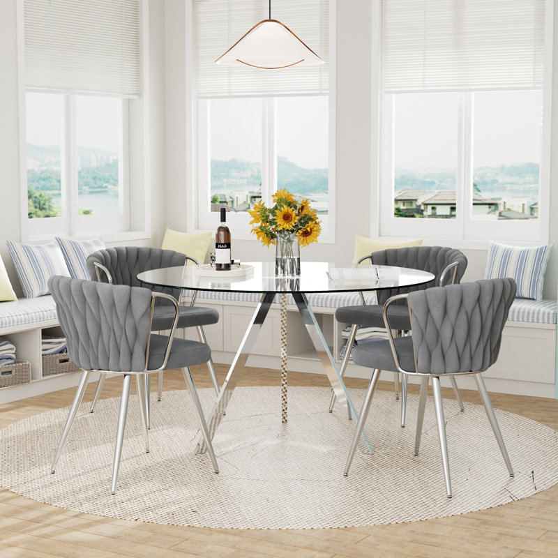 Ensemble de table ronde en verre pour 2 à 4 personnes, H 29,5 po x l 39,2 po x P 39,2 po, 5 pièces: table, 4 chaises, Gris