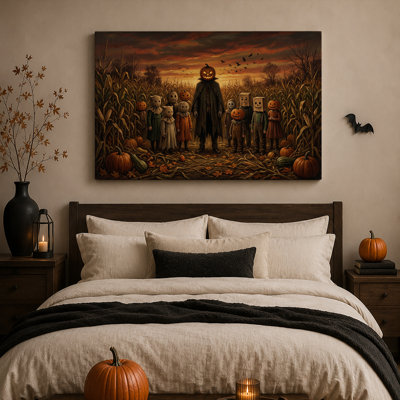 Tête de citrouille et enfants masqués dans une toile murale d'Halloween