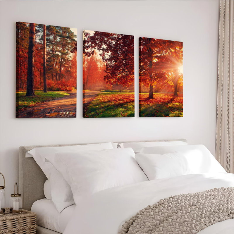 Ensemble de 3 tableaux sur toile représentant un coucher de soleil dans la forêt d'automne, H 36 po x l 72 po