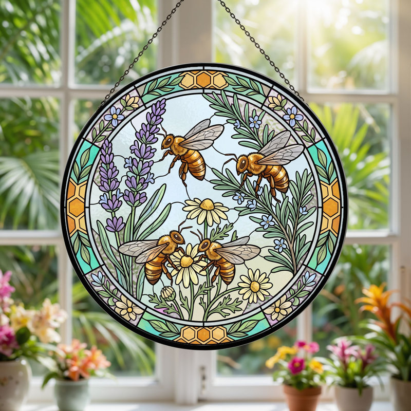 Panneau de vitrail Bee Garden, 7,8 H, H 7,8 po