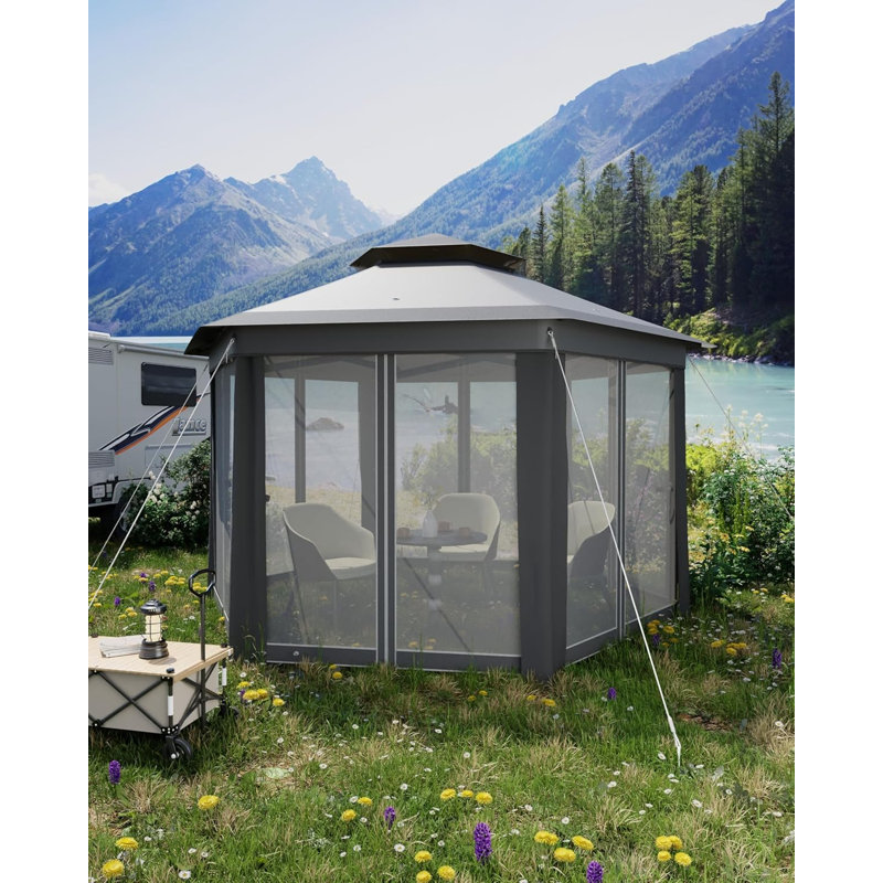 13 X 13 Ft Pop Up Hexagonal Gazebo, Outdoor Canopy Shelter, Pop Up Gazebos Tent With Netting And Strong Steel Frame, Gray