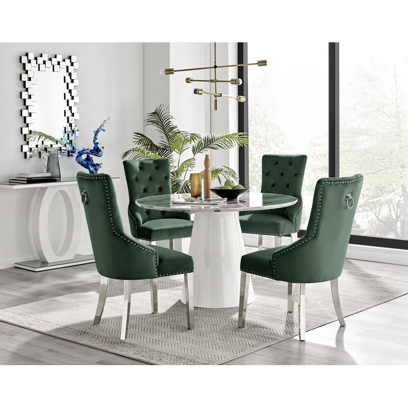 Edward Statement Pedestal Dining Table Set with 4 Luxury Velvet Upholstered Dining Chairs, White Marble Effect, Green