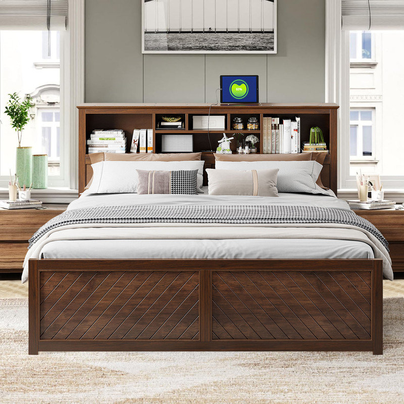 Multi-function King Size  Platform Bed with Sockets, USB, 6 open Storage Compartments and Drawers, Wood