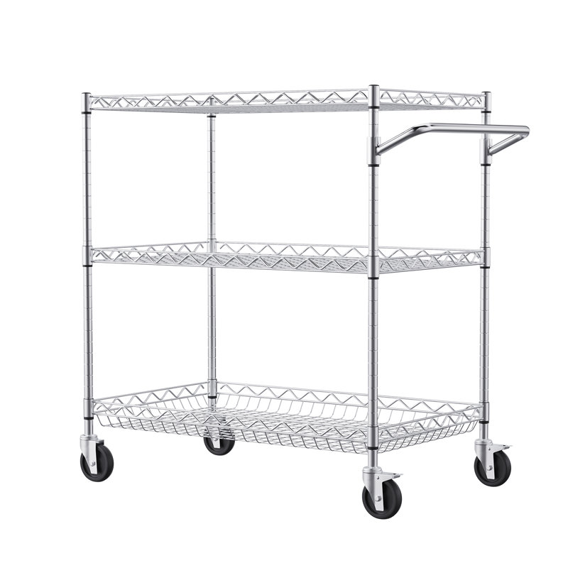 Silver 3-Tier Steel Utility Cart with Hooks and Wheels