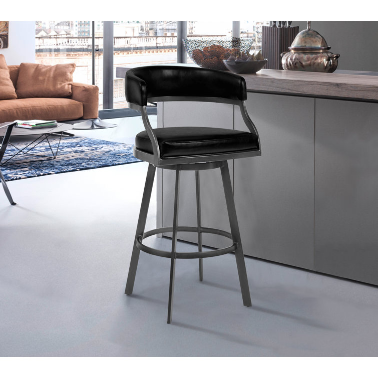 Dehn Modern Swivel Counter or Bar Height Barstool with Open Back and Footrest in Metal and Faux Leather