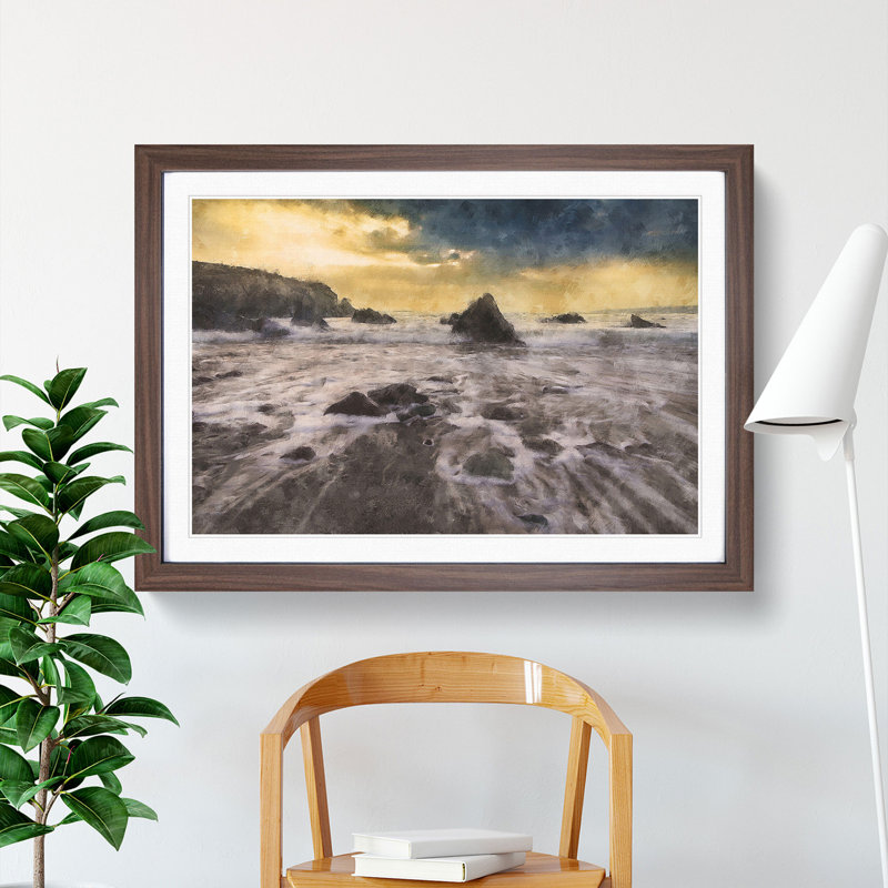 Beach and Rocks - Picture Frame Painting, 27cm H x 36cm W x 2cm D, Walnut Framed