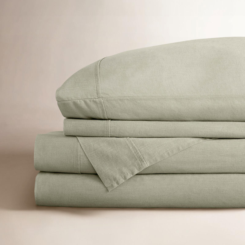 Jeffen Linen Blend Sheet Set, Queen Sheet Set + 1 Fitted Sheet + 2 Pillowcases, Sage