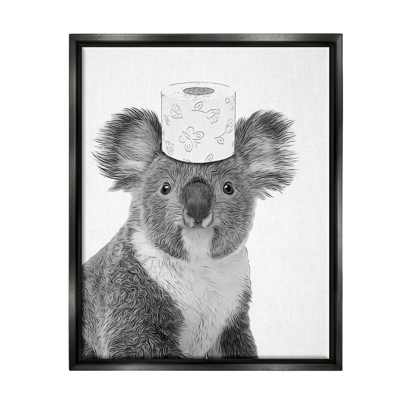 Koala et papier hygiénique par Annalisa Latella, Cadre flottant noir de jais, H 21 po x l 17 po x P 1,7 po