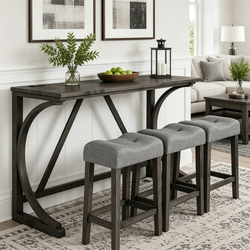 Ensemble de table de bar 4 pièces avec prise électrique et tabourets rembourrés, Gris foncé