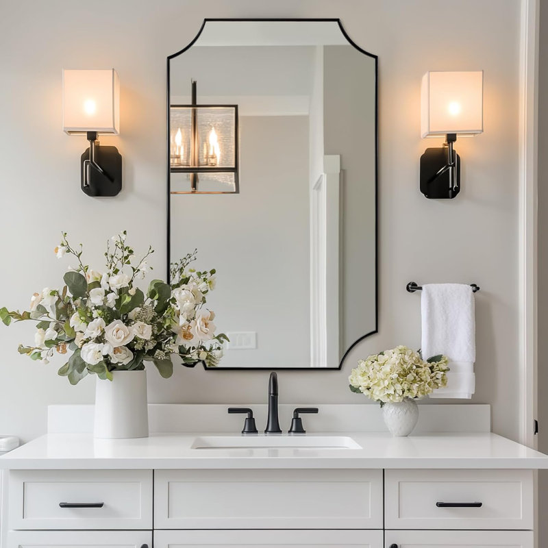 Tariro Contemporary Notched Corner Scalloped Rectangle Bathroom Vanity Mirror | Stainless Steel Frame, Matte Black, 40" x 24"
