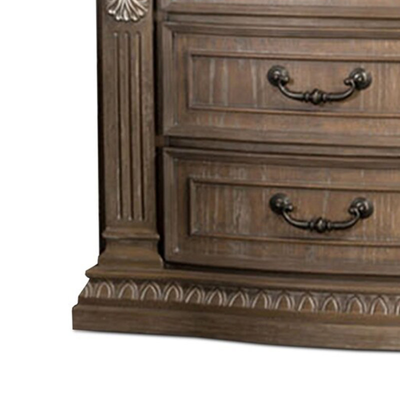 Table de chevet Reven, 3 tiroirs, bois de chêne brun vieilli, métal, 31 po