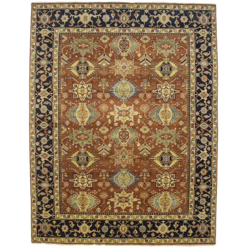 Tapis oriental tribal bleu marine / beige / rouille 9 pi x 11 pi 9 po Indo Karajeh