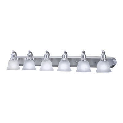 Luminaire de salle de bain de style transitionnel en nickel brossé 6 lumières Sutherland de 48 po de largeur, abat-jour en verre albâtre blanc, à intensité variable, compatible avec DEL, fixation murale au-dessus du miroir, plaque arrière complète