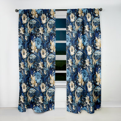 Blue Scrollwork Swirls Victorian Pattern - Floral Curtain - Velvet Room darkening - 1 panel