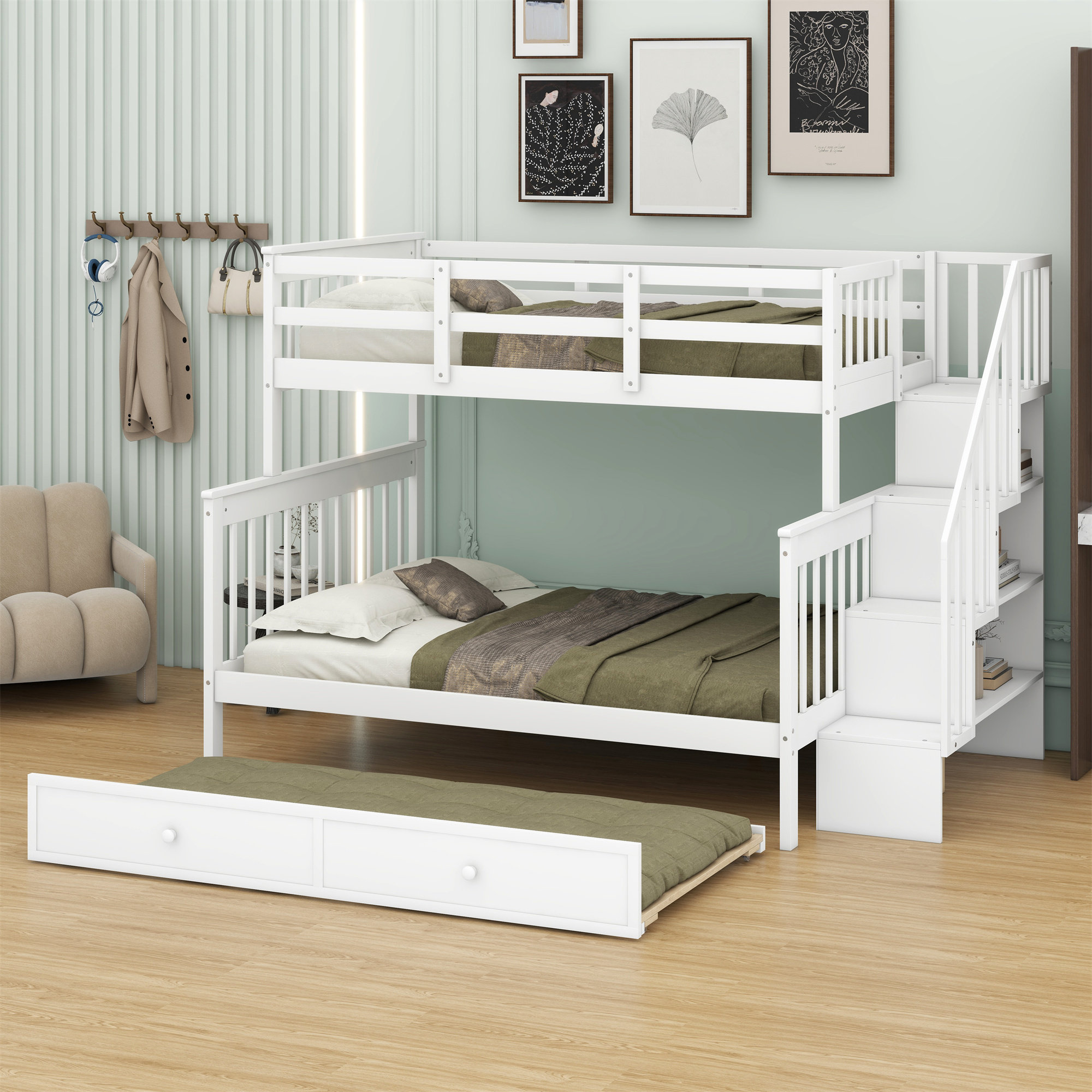 Harriet Bee Bunk Bed With Trundle Bed,Storage And Guard Rail - Wayfair ...