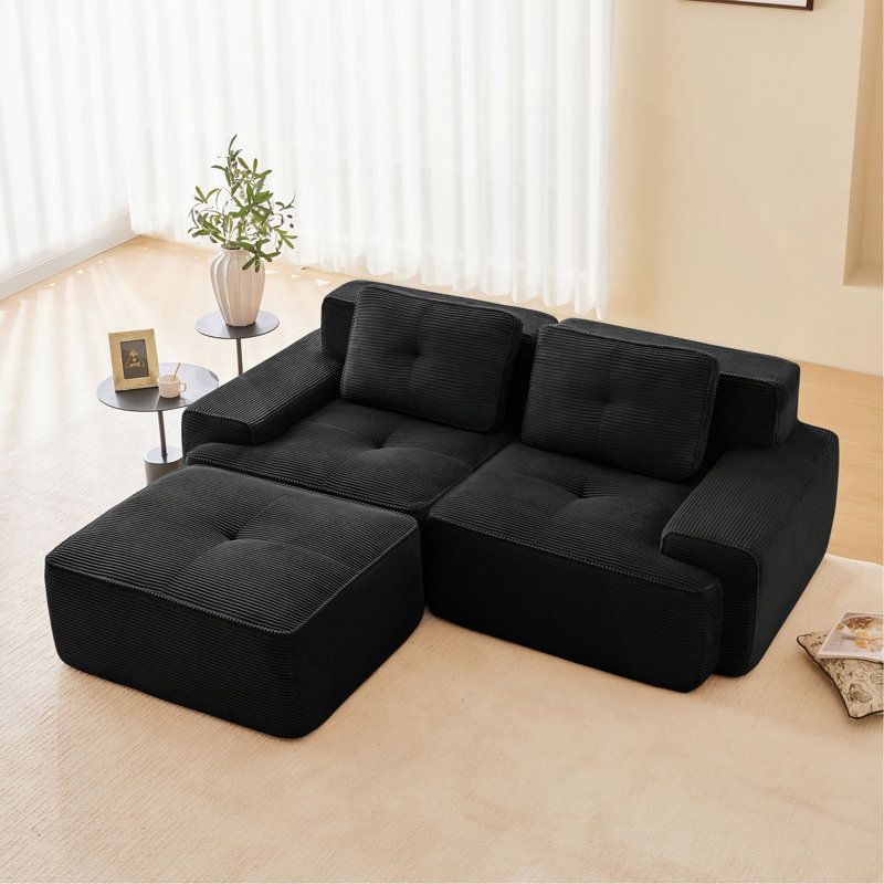 Canapé modulaire en L de 82 po pour salon modulaire en tissu de velours côtelé de 82 po avec siège profond et repose-pieds mobile, passepoil perlé, conception sans assemblage, conception antidérapante