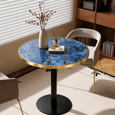 Table basse à texture ronde en marbre de 23,6 po de hauteur, table d'appoint moderne et luxueuse avec plateau en panneau de fibres à densité moyenne peint par UV et bordure en acier inoxydable, base à piédestal pour le salon, la chambre à coucher et