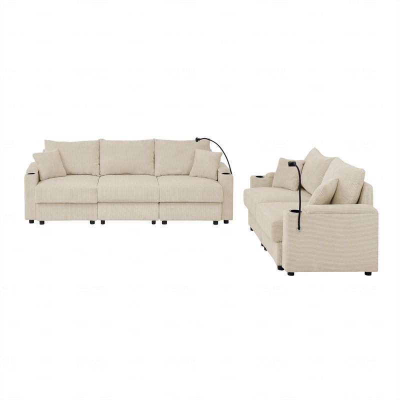 Canapé moderne avec ensemble 2 places et causeuse avec rangement, canapé à siège profond avec porte-gobelets et porte-téléphone, canapé en velours côtelé beige