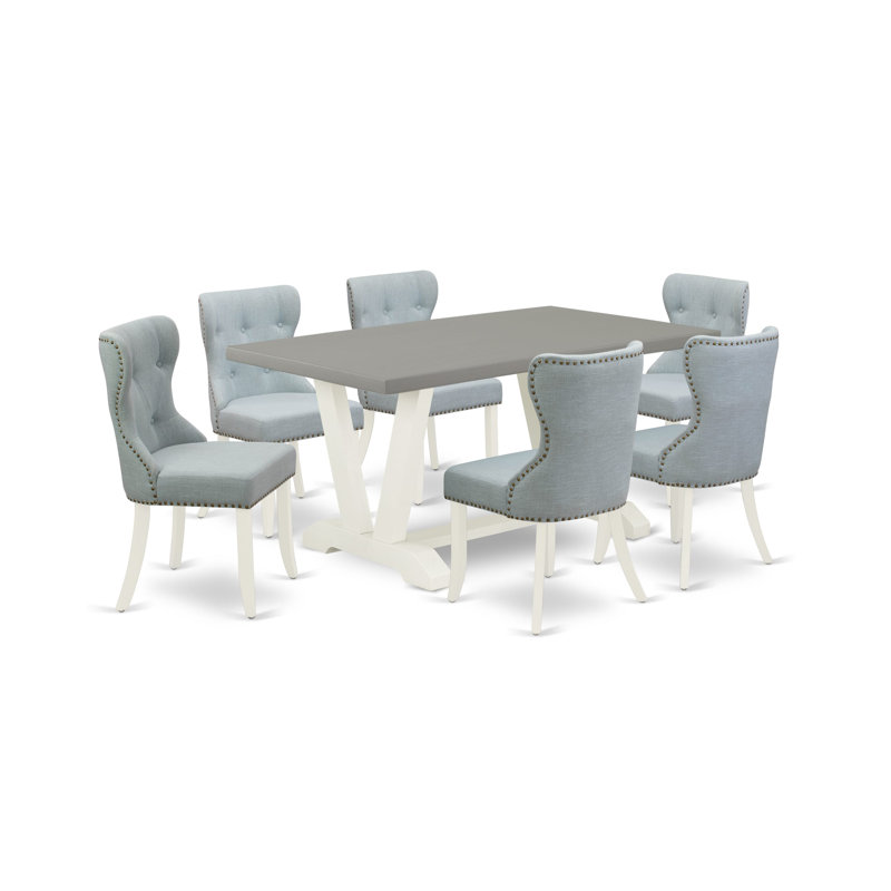 7-Pc Kitchen Table Set Consists of a Cement Dining Table and 6 Baby Blue Linen Fabric Parson Chairs with Button Tufted Back - Wire Brushed Linen White