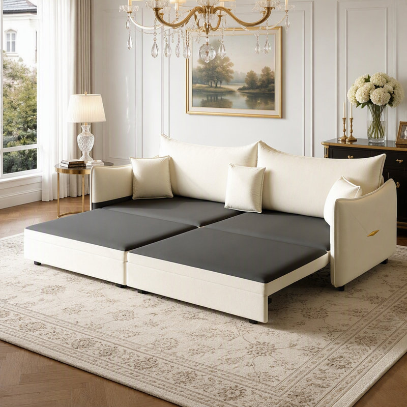Canapé-lit gigogne 3 en 1 convertible avec 3 coussins, détails dorés, canapé 3 places moderne en velours pour petits espaces et salons