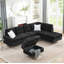 Canapé modulaire 3 places avec méridienne réversible, repose-pieds avec rangement, pieds en métal et clous en cuivre, deux coussins blancs, noir (102 po x 76 po x 35 po)-1652393336