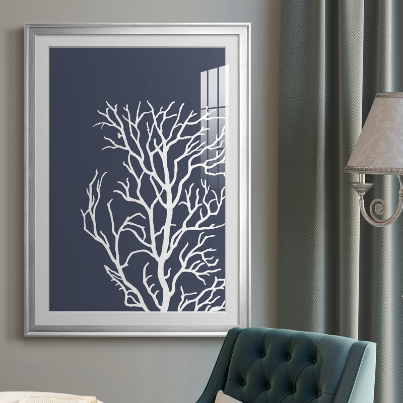 Coraux blanc sur bleu indigo C, reproduction encadrée de qualité supérieure - prête à être accrochée, Argent