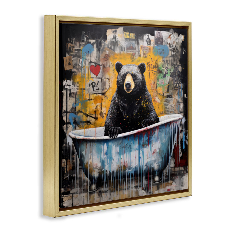 «Graffiti Bathing Bear», art mural encadré flottant par Lazar Studio, Cadre flottant métallique doré, H 18 po x l 18 po