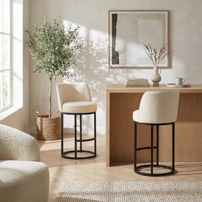 Set of 2 Modern Barrel Counter Stools with Backrest, Linen Upholstered Kitchen Island Bar Stools, Comfortable Accent Seating for Counter Height Tables by Latitude Run