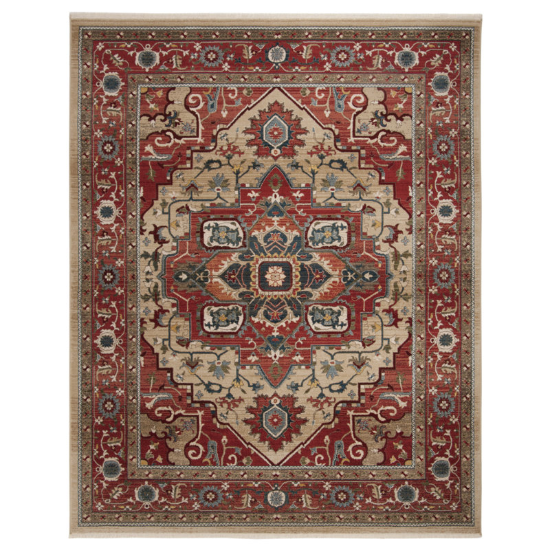 Lauren-Inspired Red Beige Hand-Knotted 8' x 10' Synthetic Area Rug