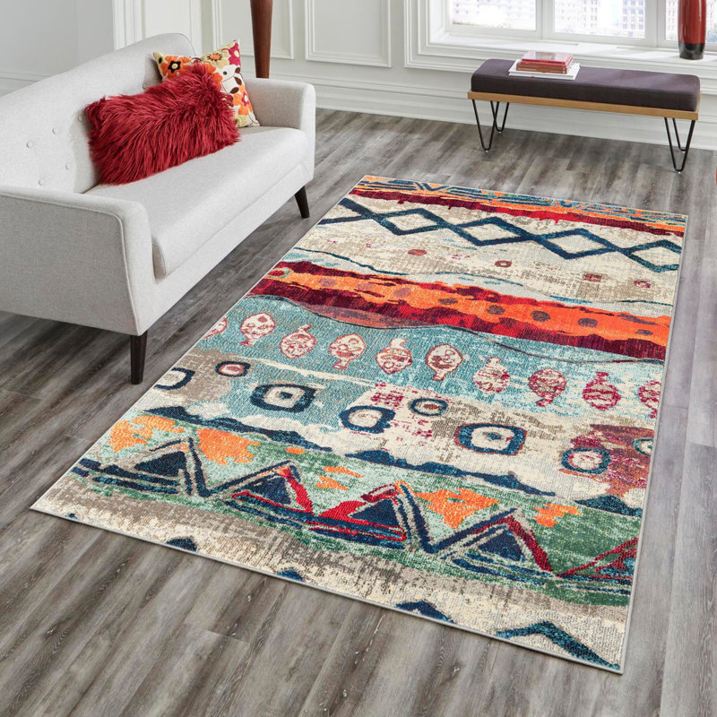 Tapis en polypropylène tissé à la machine en bleu sarcelle / orange / beige, Rectangle 6 pi 1 po x 9 pi