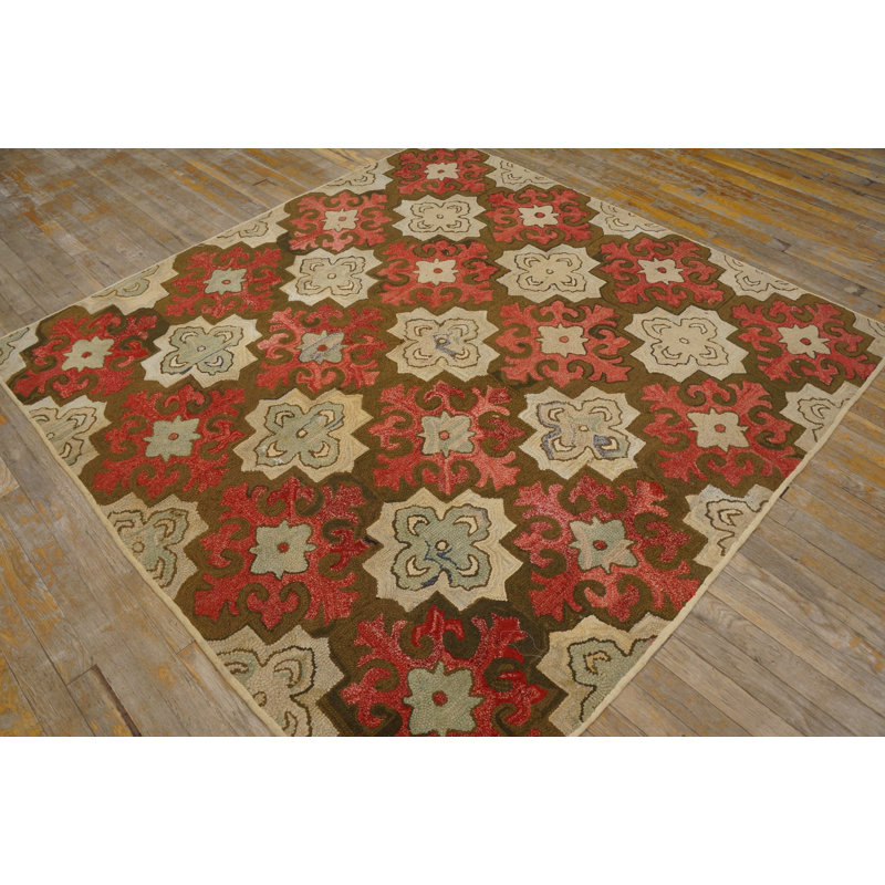 Antique American Hooked Rug America Geometric Hand-Woven