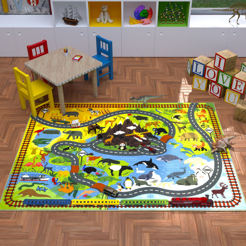 Weranna Animal Safari Vehicle Educational Learning Game Play Non Slip Kids Rug Carpet Classroom Mat, Rectangle 5' x 6'6"