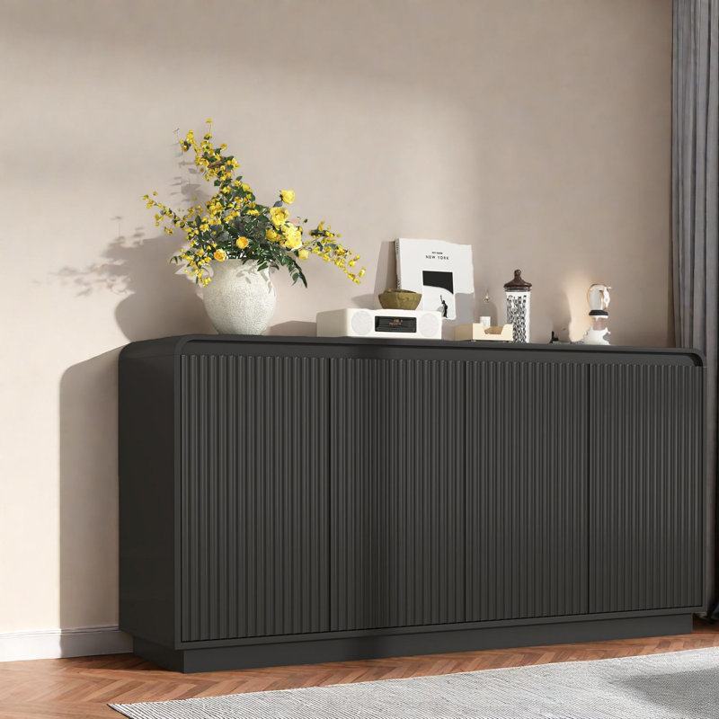 Meuble télé 4 portes noir moderne, panneau de particules durable, centre de divertissement spacieux