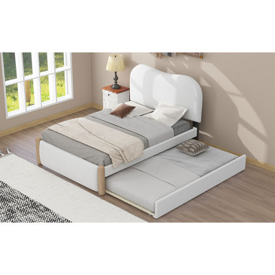 Lit plateforme simple tapissier avec pieds de support en bois et lit gigogne simple, blanc