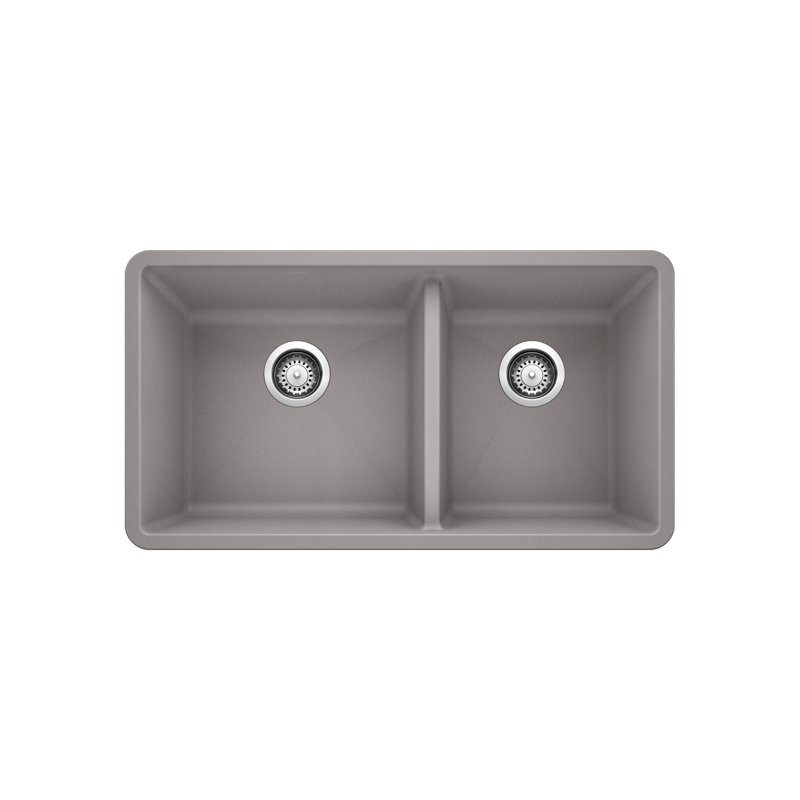 Évier de cuisine sous-comptoir à double cuve en granite avec crépines L 33 po x l 18 po Precis, Gris métallisé