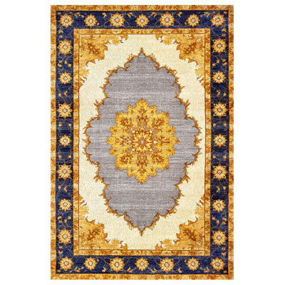 Notton Yellow Gray Oriental Machine Printed Cotton Polyester Area Rug