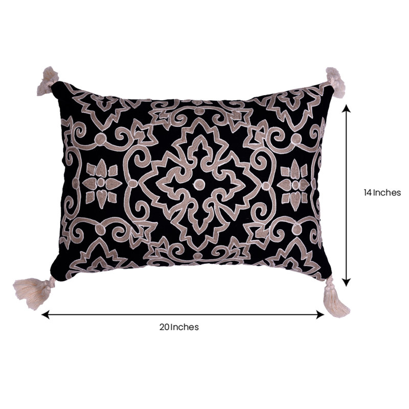 Black Linen Throw Pillow Covers Set with Beige Embroidery – Christmas Decor 14x20 for Sofa & Room, 14X20, Black Beige