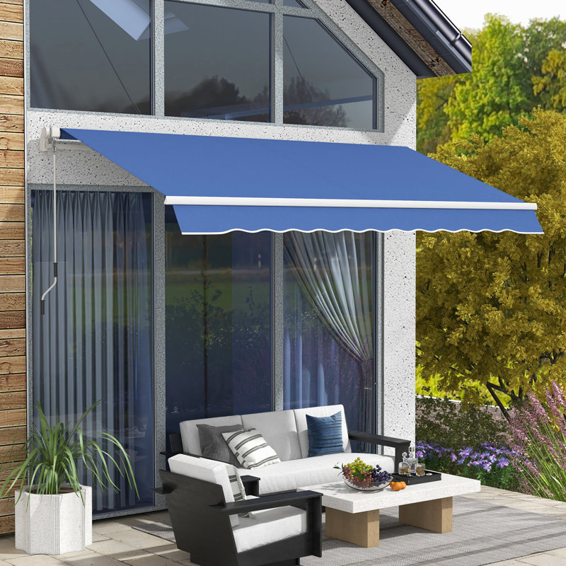12' X 10' Retractable Yard Awning, Manual Crank, & Water- 280g/m² Fabric, Aluminum Frame, Dark Blue For Deck, Balcony, Patio Deck Frame Diverse Surfaces,