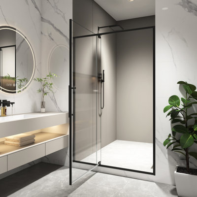 Porte de douche pivotante de l 44 à 48 po x H 74 po, verre trempé de 5/16 po, noir mat, ouverture à l'extérieur, arrêt de 105 degrés, installation rapide, ajustement de 4 po, charnières et poignées en acier inoxydable 304, fuite, magnétique