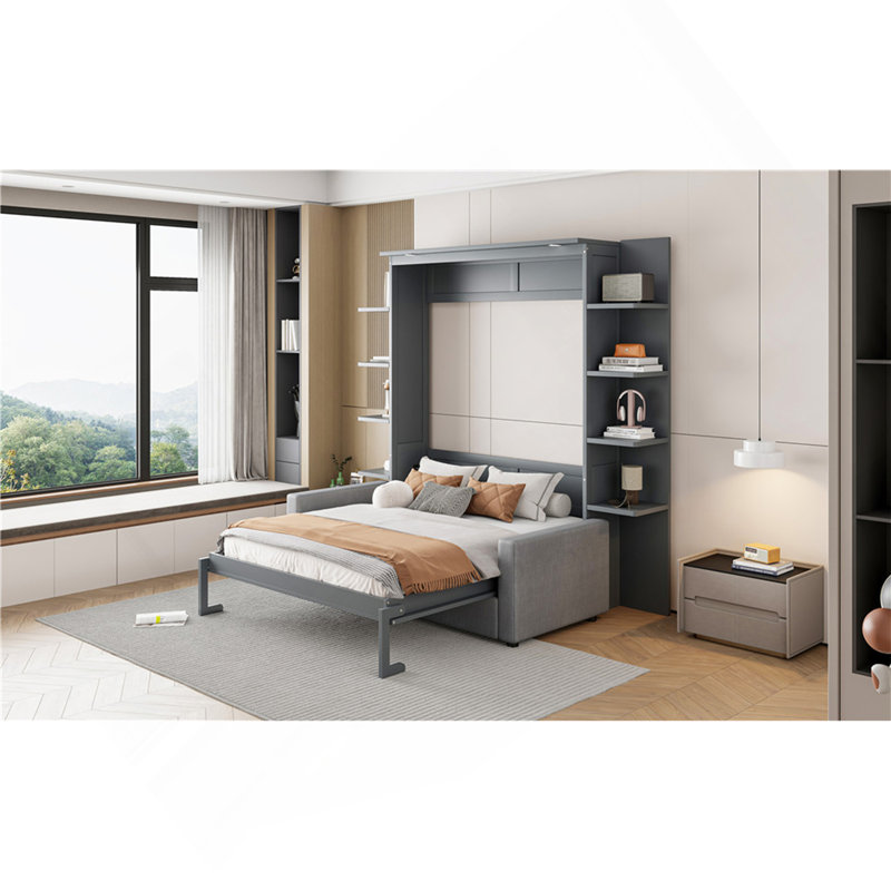 Queen Size Wall-Mounted Murphy Bed with Sofa and Hidden Storage