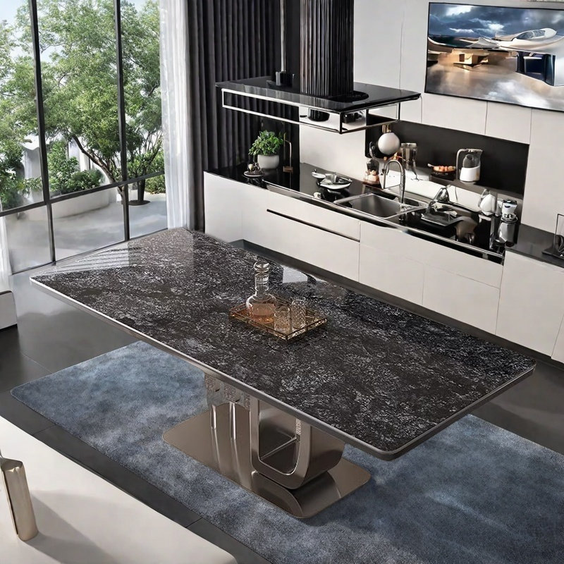 Rectangular high-end light luxury dining table, Black, 29.5"H x 70.8"L x 33.4"W