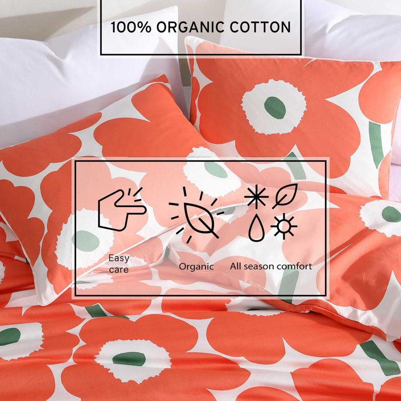 Unikko Orange/Green/White Organic Cotton Duvet Cover Set, Queen Duvet Cover + 2 Standard Shams, Orange/Green/White