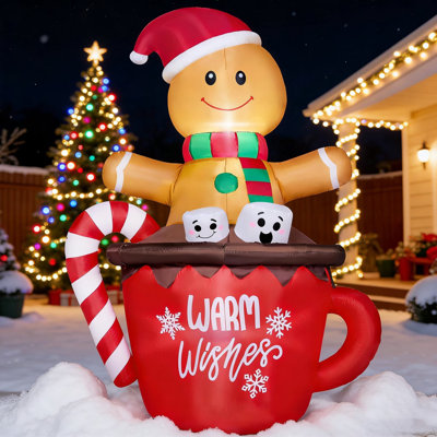 6ft Tall Christmas Inflatable Gingerbread Man in Hot Cocoa Mug