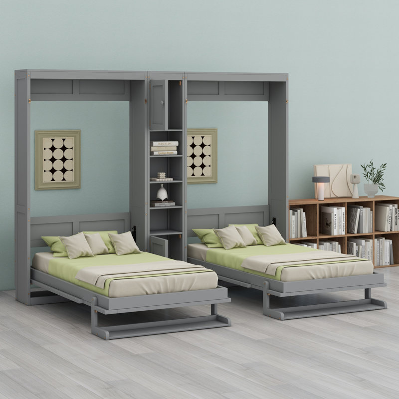 Dual Wall Murphy Beds With Cabinets And Shelves, Grey
