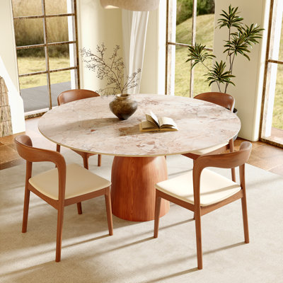 Mid-Century Modern Round Dining Table, 39"/43"/47"/53"/59" Sintered Stone Top, Solid Wood Base, Farmhouse Kitchen Table, Stain & Scratch Resistant