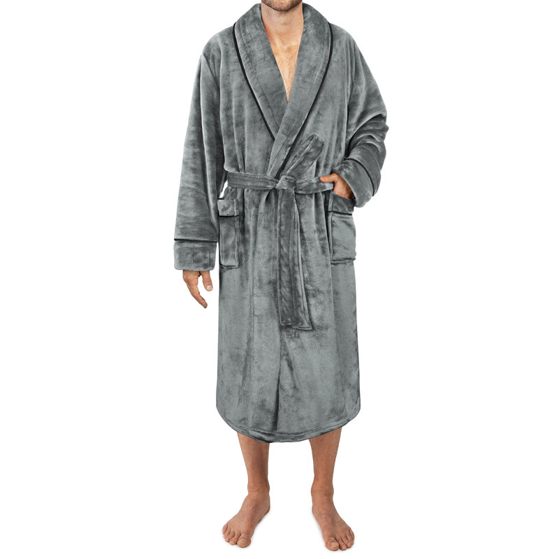 Kalyia Fleece Boy / Man+ Mid-Calf Bathrobe with Pockets, Gray