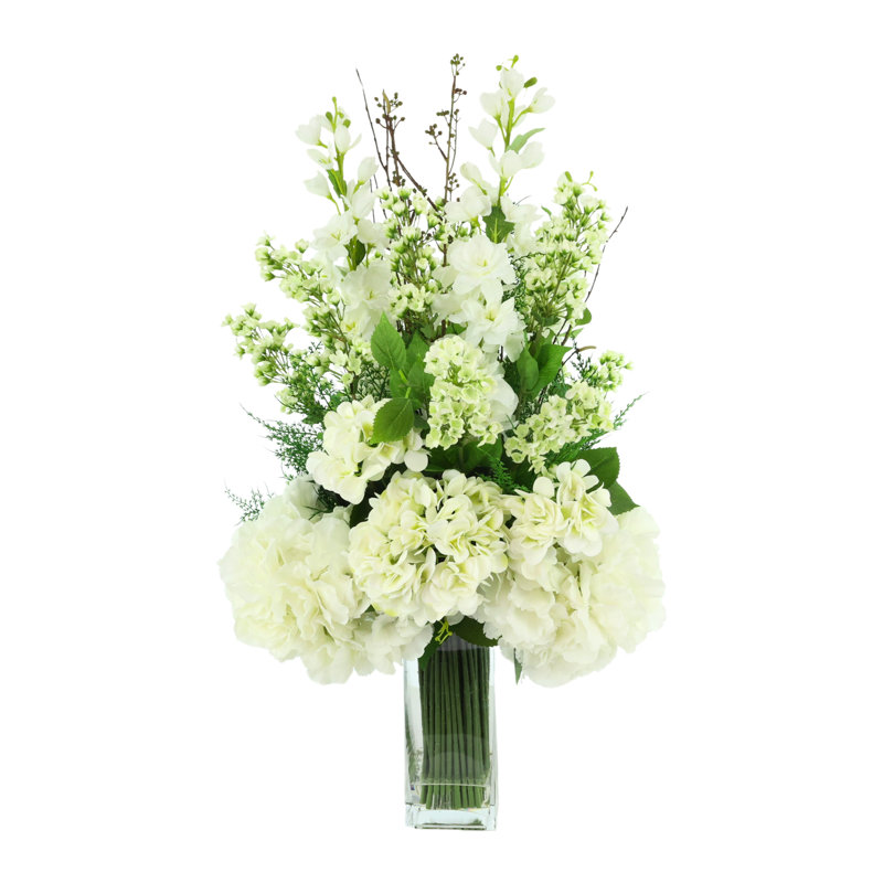 Delphinium, Hydrangea and Fern Floral Arrangement in Tall Glass Vase