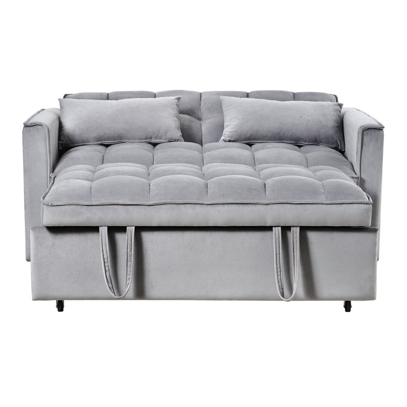 Convertible avec poches latérales, futon en velours, canapé-lit 3 en 1 gris, niveaux réglables, coussins