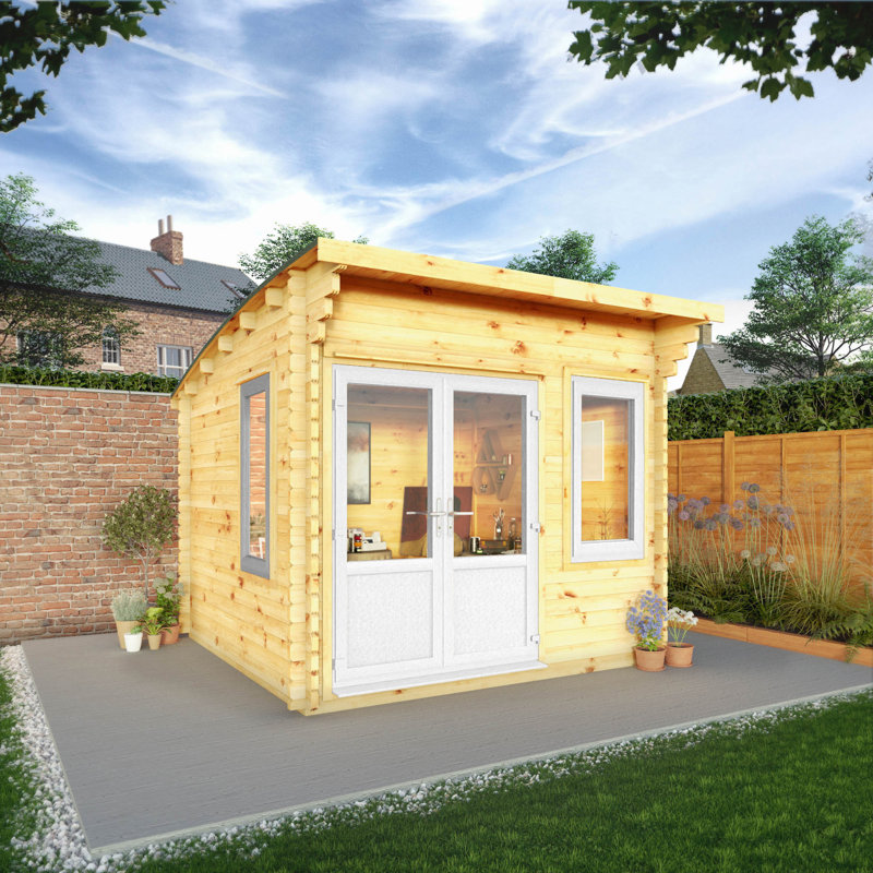 10ft x 10ft Curved Roof Log Cabin UPVC Windows & Doors (44mm), White/Natural Timber