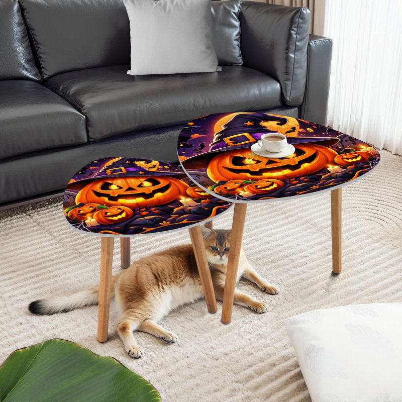 Ensemble de 2 tables basses gigognes triangulaires modernes, motif citrouilles et chauves-souris d'Halloween, style fantaisiste et effrayant, style milieu du siècle, petites tables d'appoint pour salon, chambre, appartement, décoration intérieure